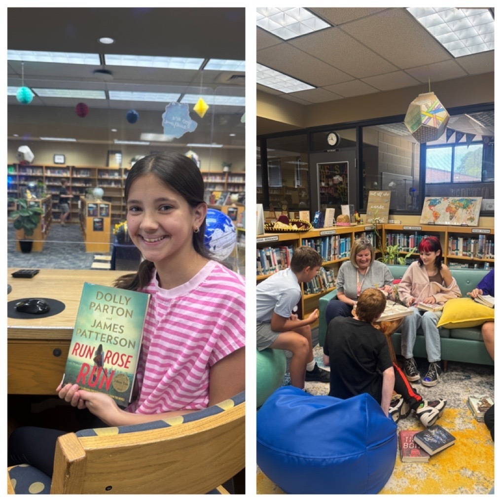 7th graders enjoying the free read day in the library