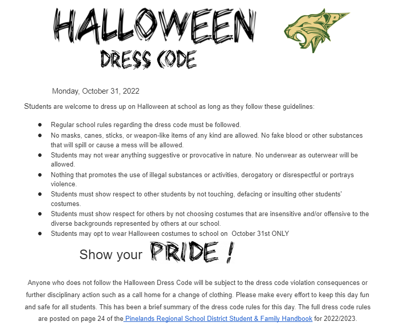 Halloween Dress Code 10 31 22 Pinelands Junior High School