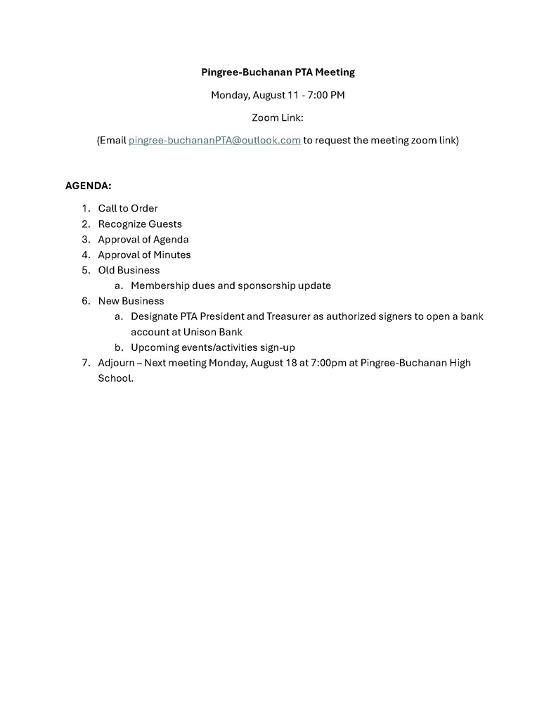 PTA Meeting Agenda-Monday