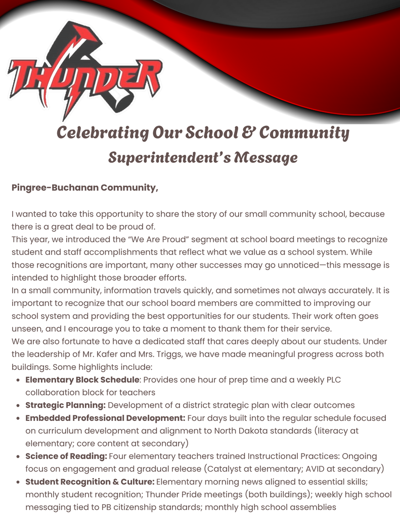 Superintendent message