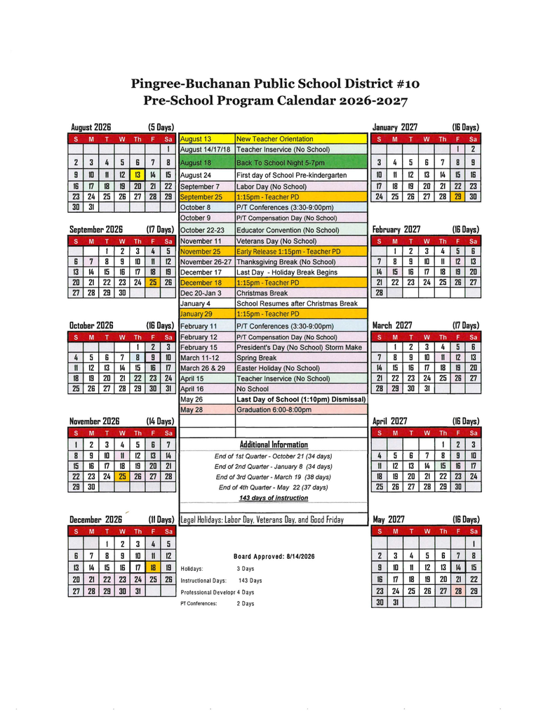 pre k district calendar