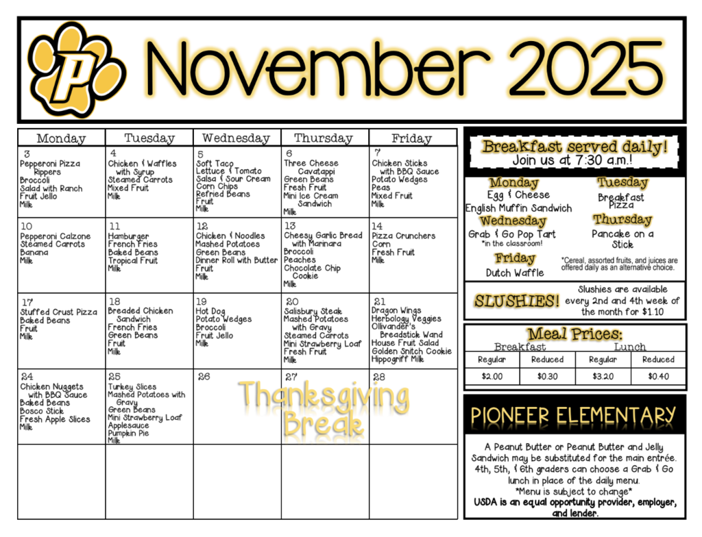 Nov. PES lunch menu