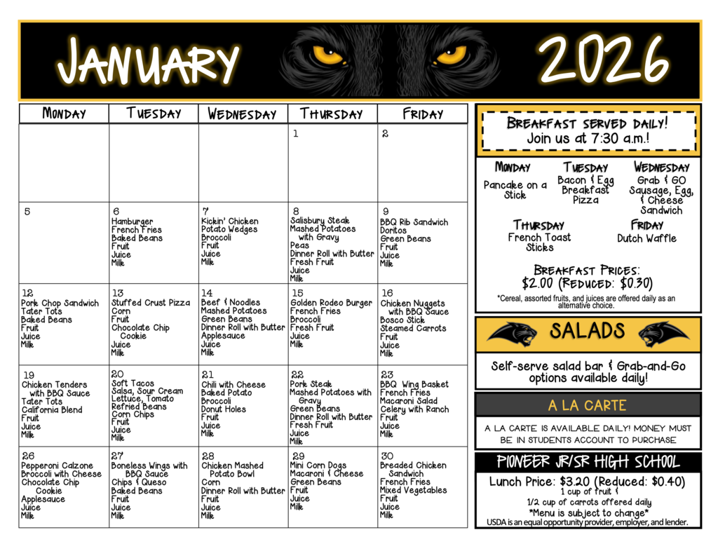January 2026 menu