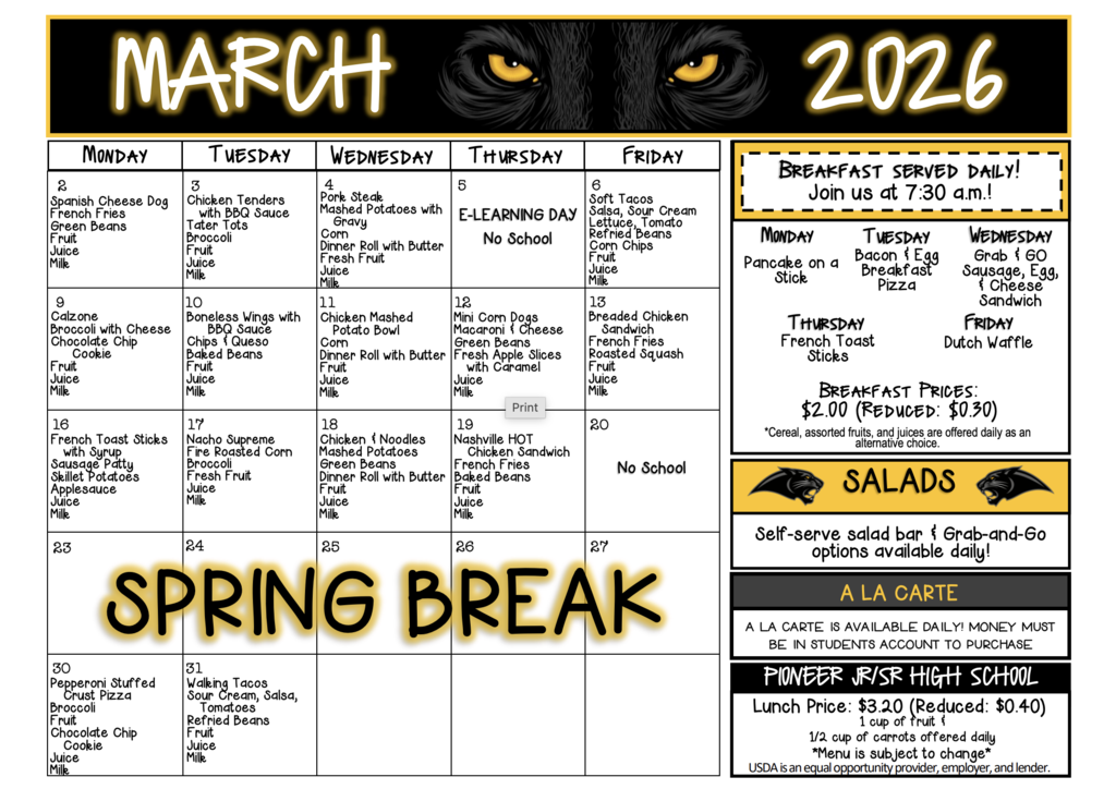 March 2026 menu
