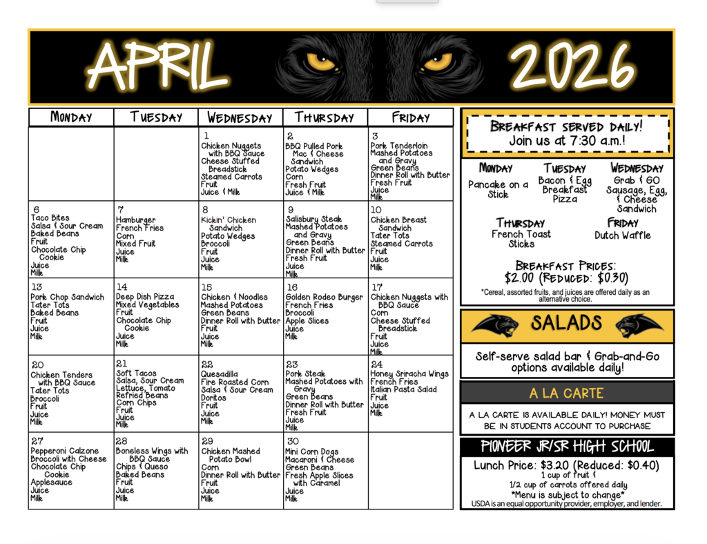 April 2026 menu