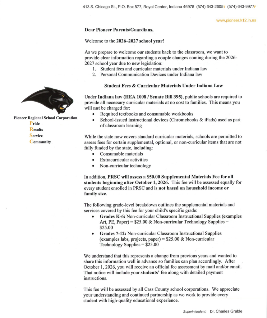 Parent letter from Dr. Grable