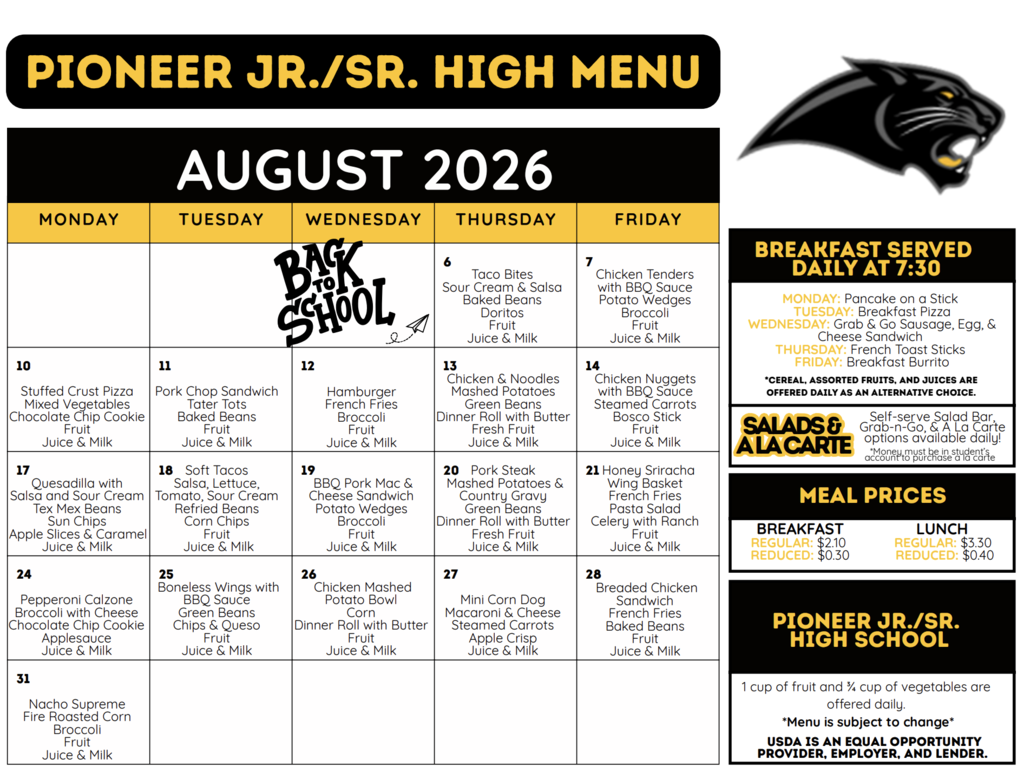August 2026 menu
