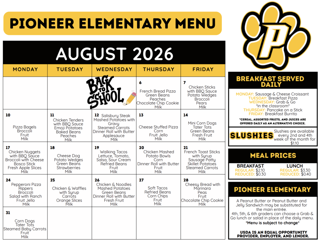 August 2026 menu
