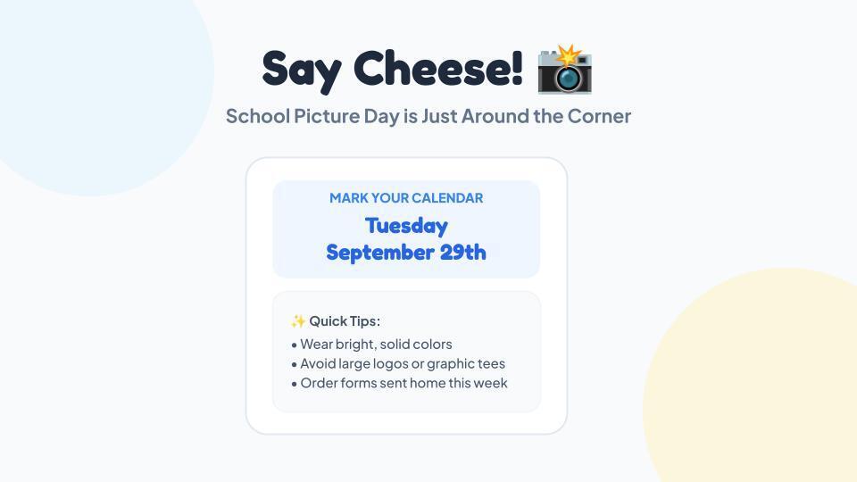 picture day announcement. mark your calendars for september 29th
