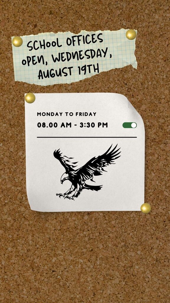 cork board with notification that our offices will open wednesday august 19 from 8 am to 3:30 pm