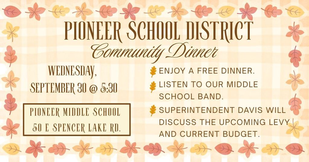 Community dinner wednesday september 30 at five thirty at the middle school