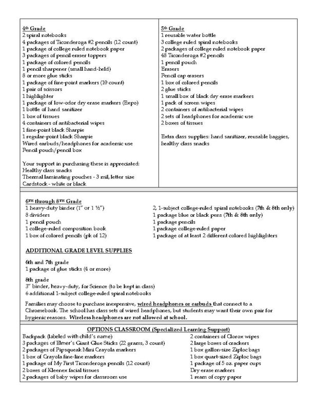 School Supply List page 2