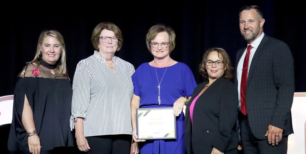 Pictured left to right is Skye McNiel, Executive Director of Oklahoma Association of Career Technical Education; Lori Evans, PTC Counselor; Traci Thorpe, PTC Superintendent/CEO; Dawn Brakey, PTC Bid Assistance Coordinator; and Brent Haken, Oklahoma Career Tech State Director. 