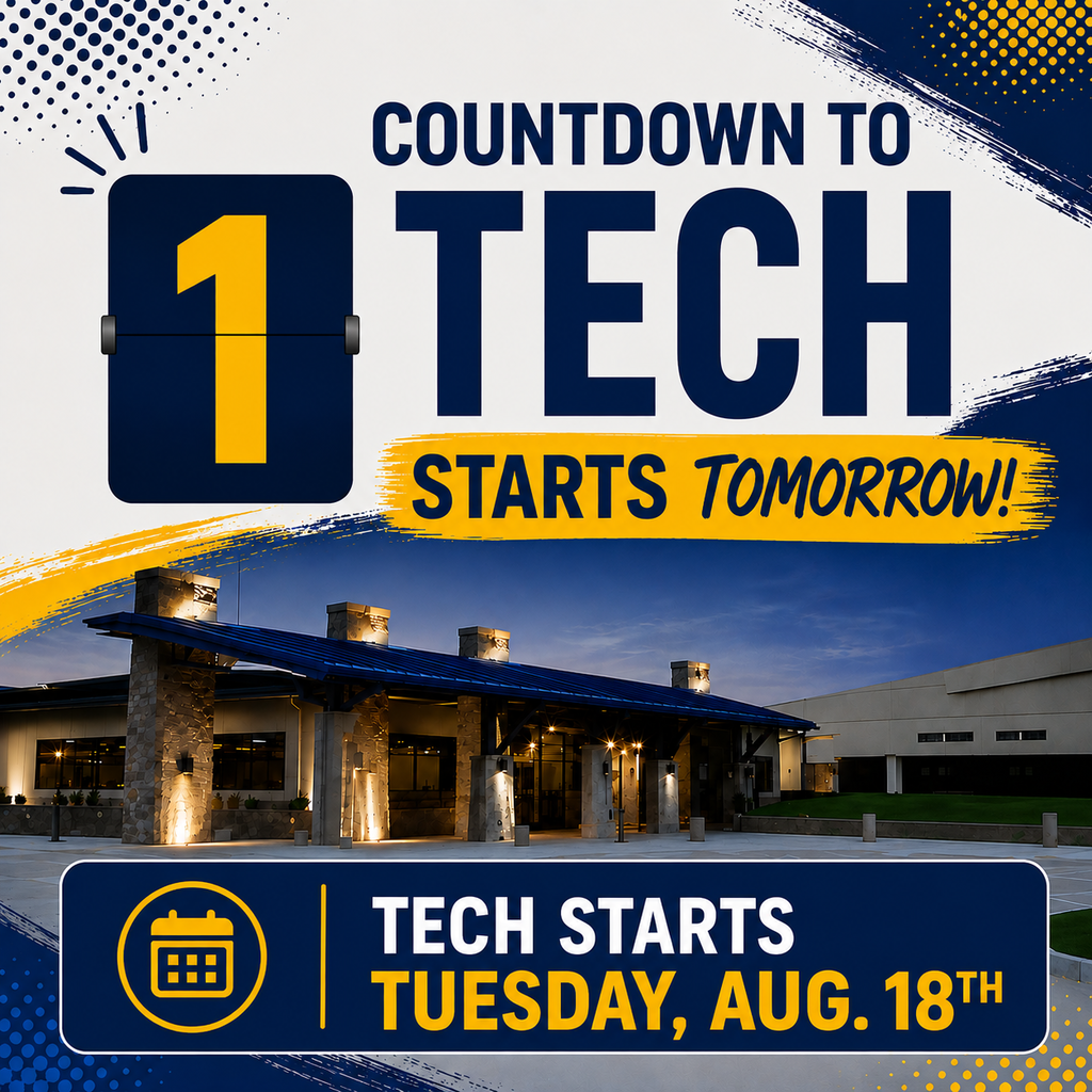 Pioneer Tech countdown to tech photo with the building in the backdrop
