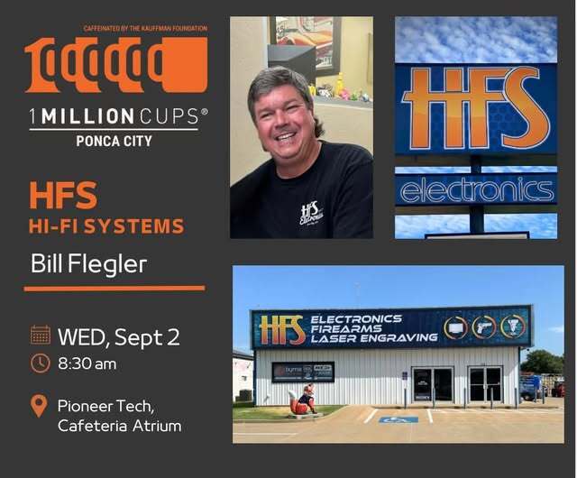 Man smiling, building and 1million cups logo, information about an upcoming presentation