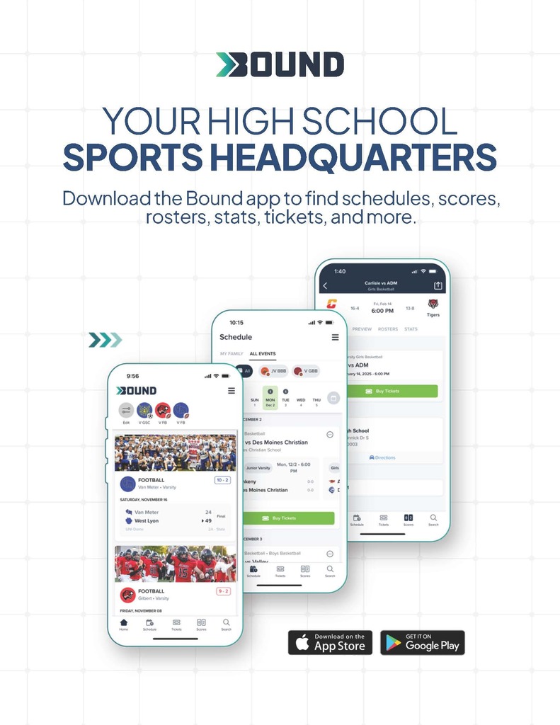 Flyer showing 3 cell phones and directions on how to download Bound Sports App