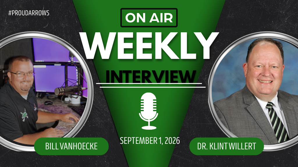 Photo of superintendent and KLOH staff member on the air with weekly interview for 9-1-26