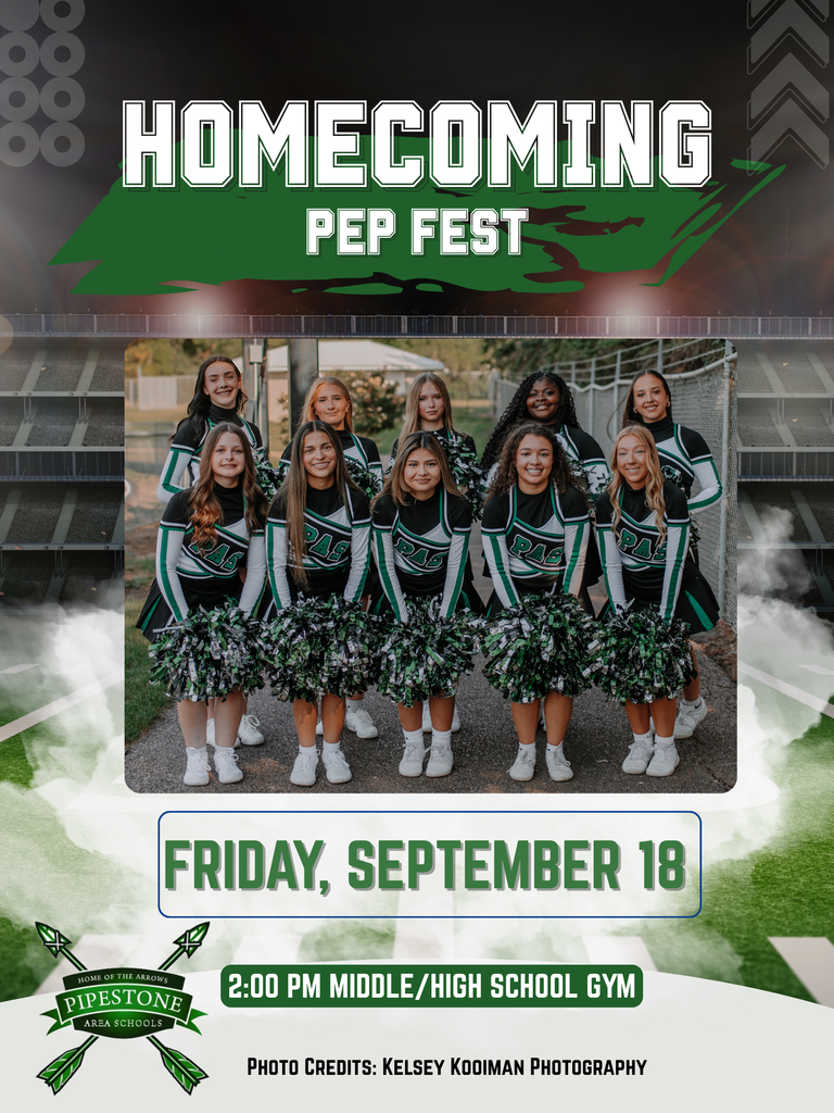 Flyer with 10 cheerleaders and information on a pep fest on friday, september 18 at 2:00 PM
