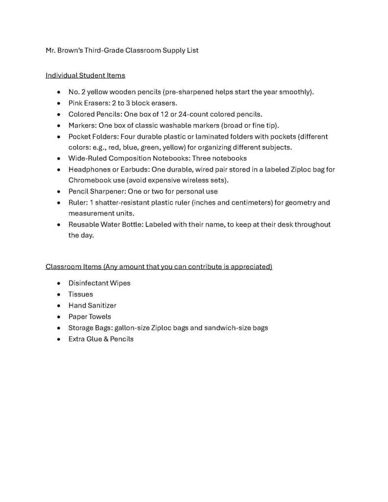 3rd grade supply list