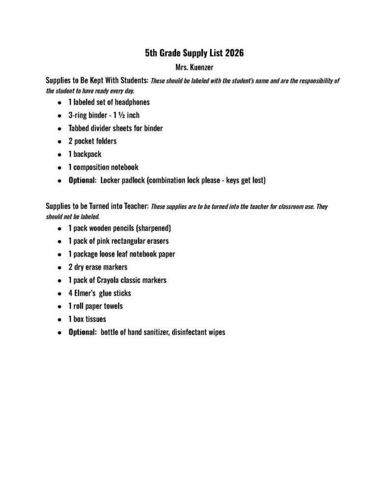 5th grade supply list