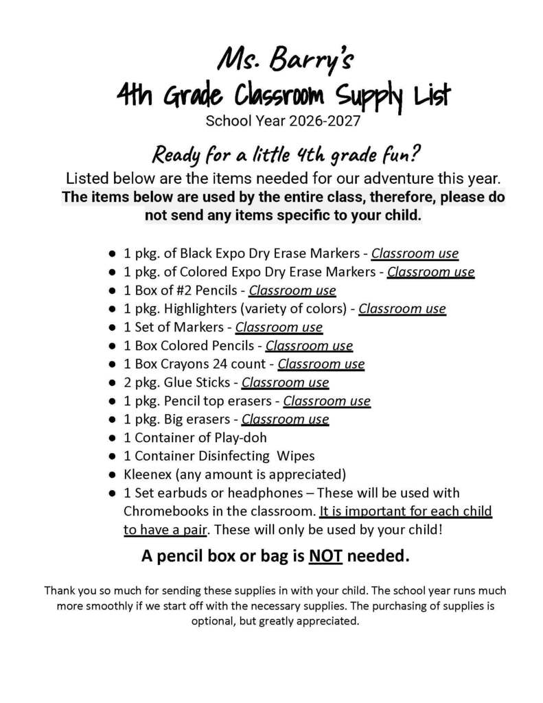 4th grade supply