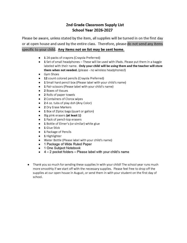 2nd grade list