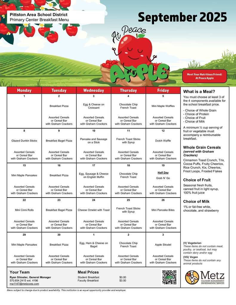 A breakfast menu for Pittston Area Primary Center, September 2025, with the same apple-themed design. Daily breakfast items include options like breakfast pizza, mini maple waffles, egg & cheese on croissant, chocolate chip French toast, pancake & sausage on a stick, and more. Each day also includes assorted cereals or cereal bars with graham crackers. The right side explains what makes a meal and lists whole grain cereal choices such as Cheerios, Cinnamon Toast Crunch, and Cocoa Puffs.