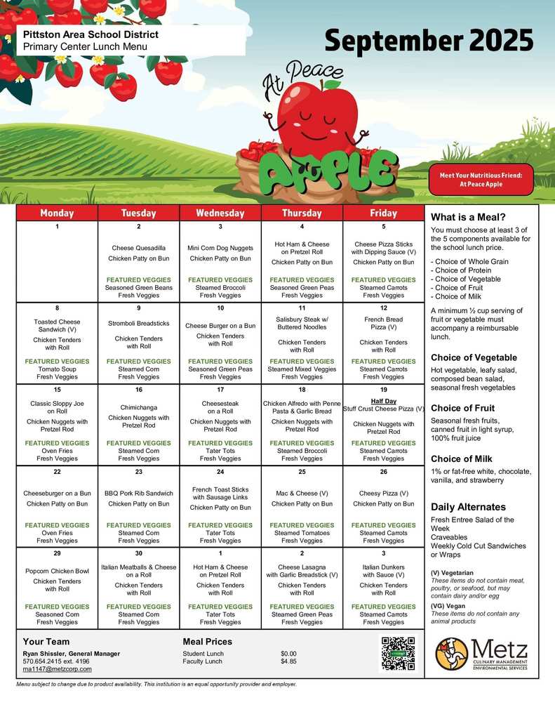 A colorful lunch menu for Pittston Area Primary Center, September 2025. The background has a smiling red apple character sitting on green grass under apple trees with the text “At Peace Apple.” The calendar lists daily lunch options such as cheese quesadilla, mini corn dog nuggets, Salisbury steak, mac & cheese, BBQ pork rib sandwich, and more. Each day also includes “featured veggies” like green beans, broccoli, carrots, or corn. The right side explains what makes a meal (choice of whole grain, protein, fruit, vegetable, and milk).
