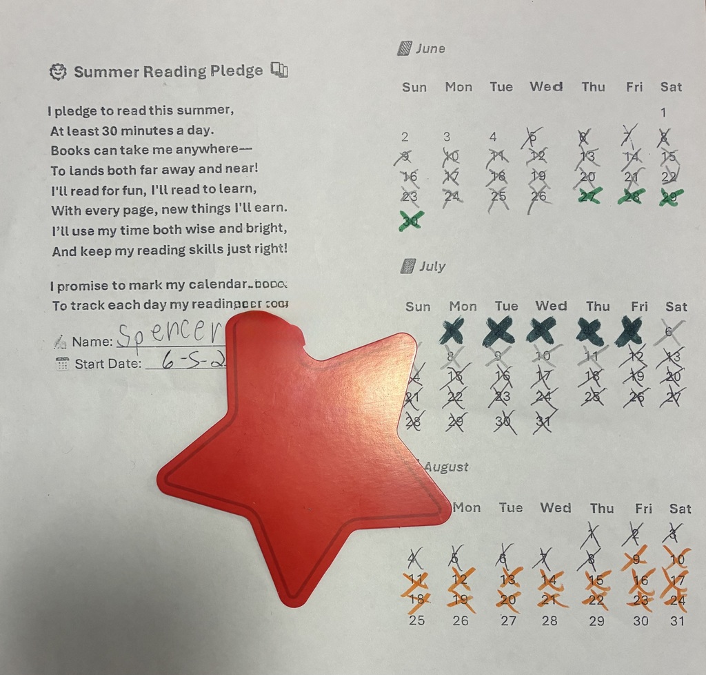 A completed “Summer Reading Pledge” calendar sheet with days marked off in June, July, and August, showing consistent daily reading. A large red star sticker is placed in the middle.