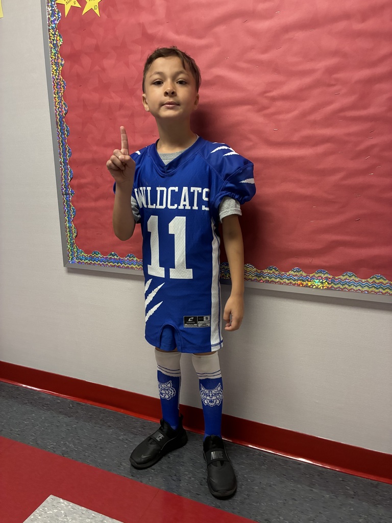 A wildcat football player in a football pose at school
