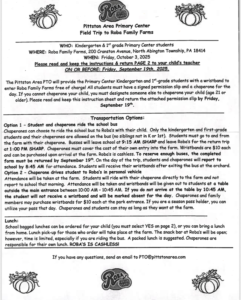 Page one of the permission slip from the pto for robas. 