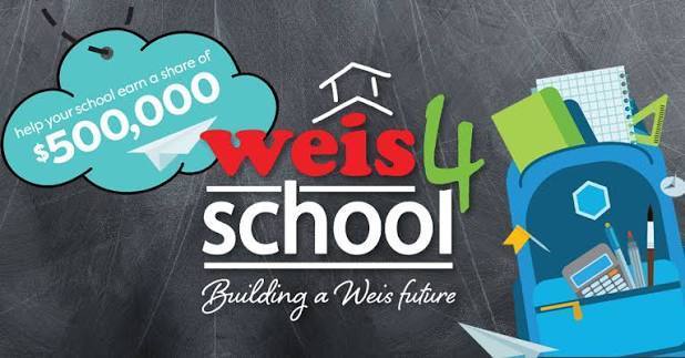 A promotional graphic for the “Weis 4 School” program. The background resembles a chalkboard. On the left side, a teal cloud shape contains white text reading “Help your school earn a share of $500,000” with a small white paper airplane illustration. In the center, the main logo says “weis4 school” with the word “weis” in red, the number “4” in green, and “school” in white lowercase letters. Above “weis” is a simple white outline of a school roof. Below the logo is the slogan “Building a Weis future” in white cursive script. On the right side is a blue backpack filled with school supplies including a ruler, notebook, calculator, and pens. Another paper airplane is shown at the bottom flying toward the text.