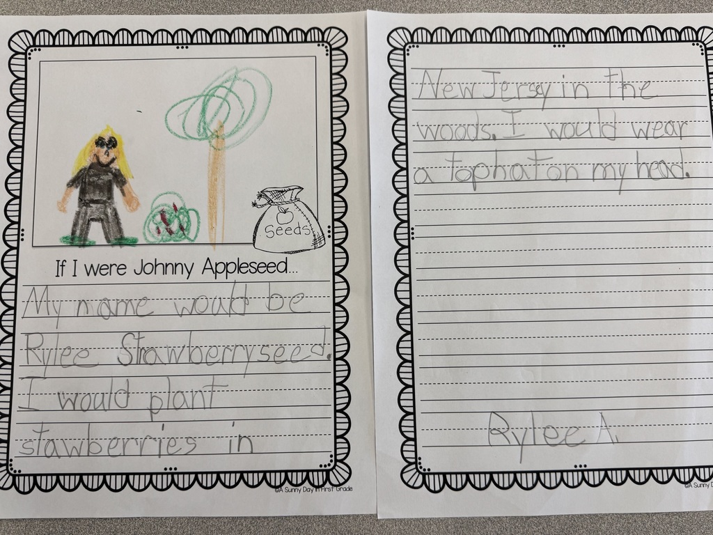 If I were Johnny Appleseed writing. My name would be RyleeStrawberry seed. I would plant strawberriesin New Jersey in the woods. I wood wear a top hat on my head. Illustrated with a student drawing. 
