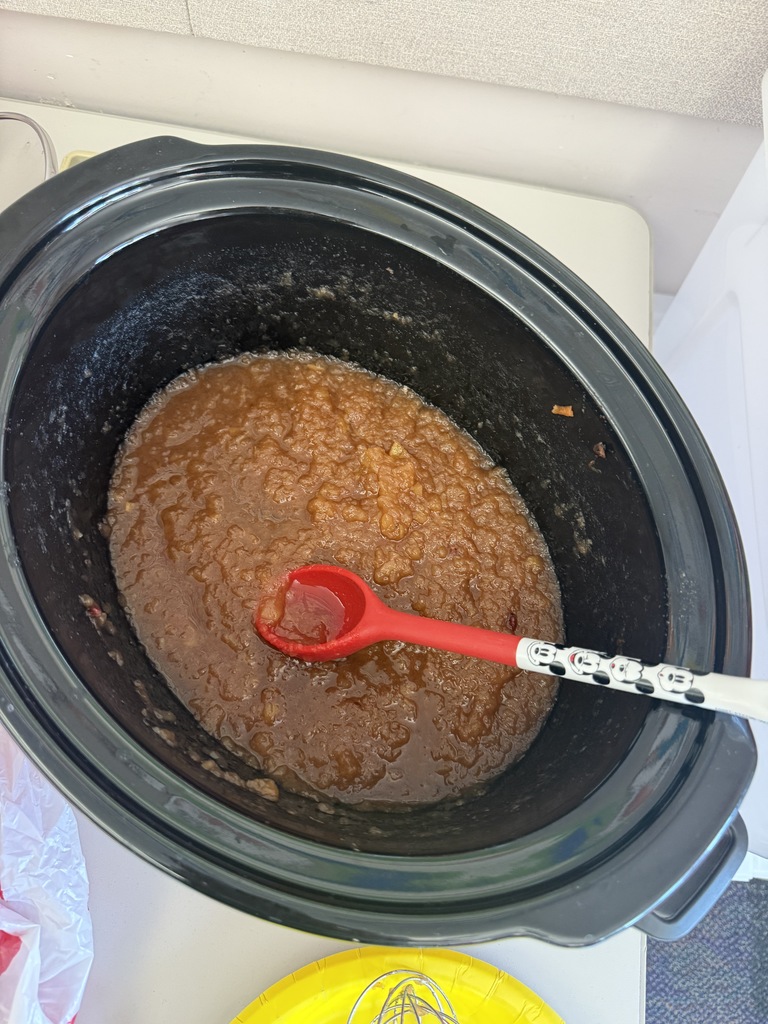 Homemade apple sauce in a crock pot with red ladle. 
