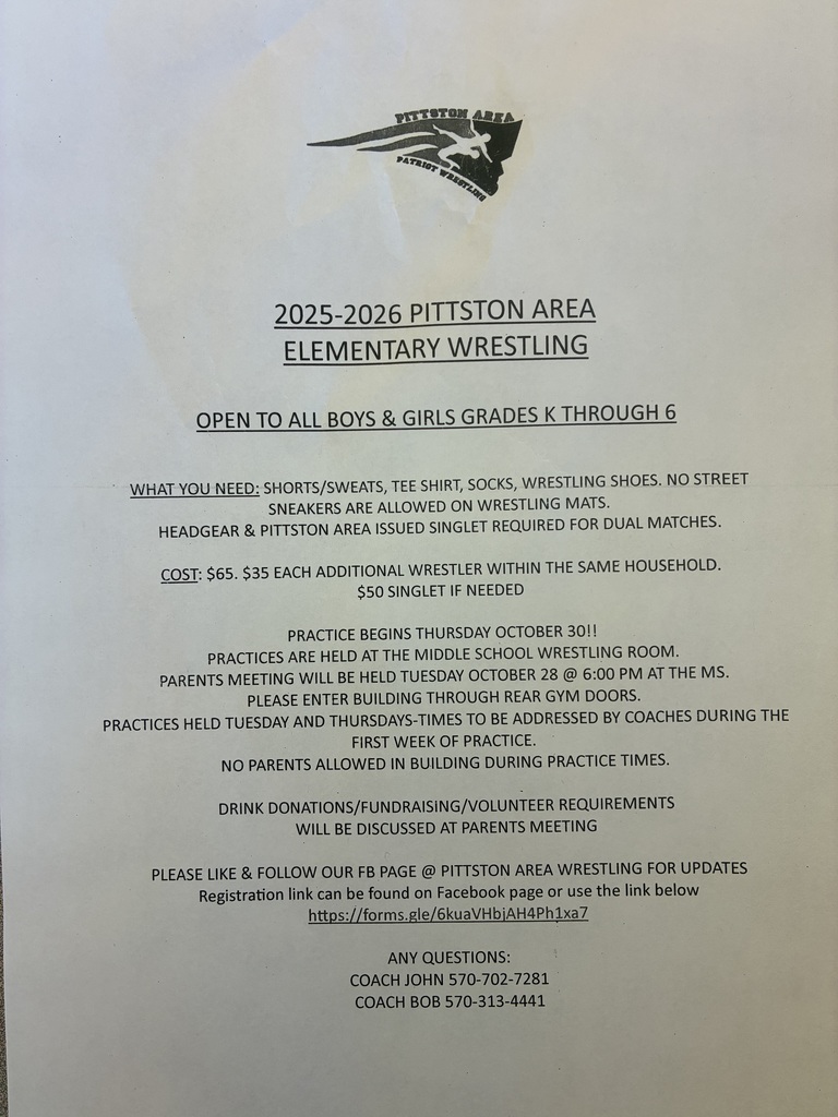 A flyer for the 2025–2026 Pittston Area Elementary Wrestling program. The top of the flyer features the Pittston Area Patriots Wrestling logo.