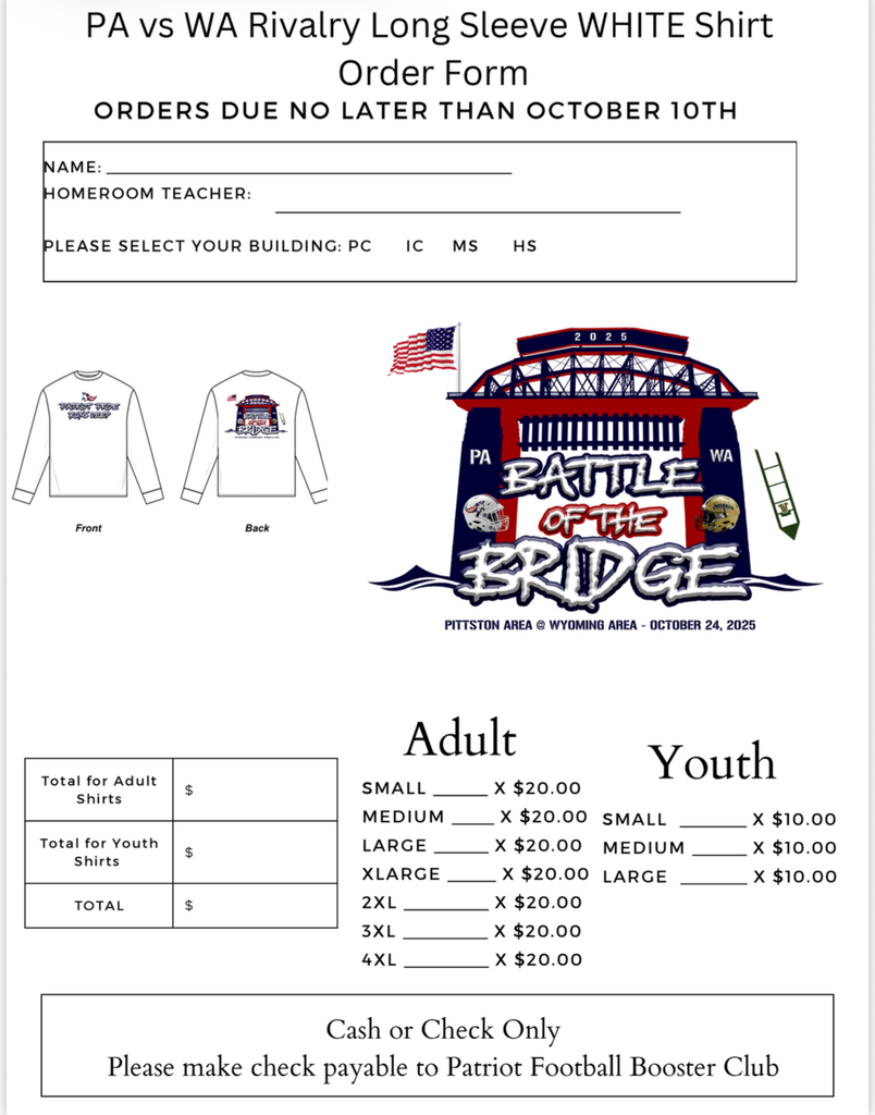 Rivalry shirt order form with white long sleves and new bridge logo. 