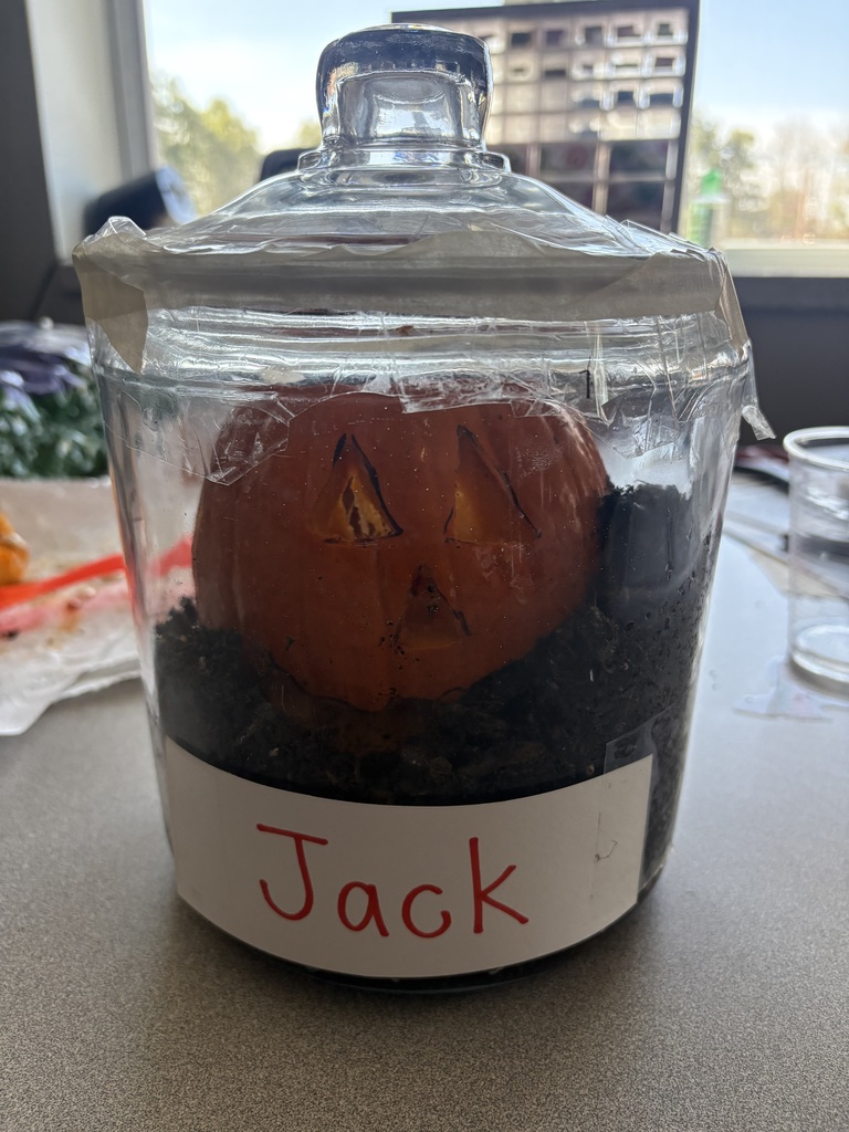 A carved pumpkin in a glass jar labeled Jack