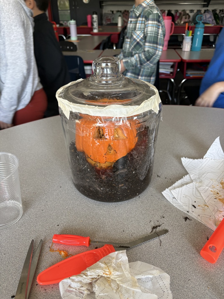 A carved pumpkin in soil in a glass jar with a taped lid.