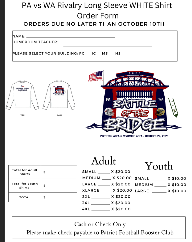 PA vs WA Rivalry Long Sleeve WHITE Shirt Order Form