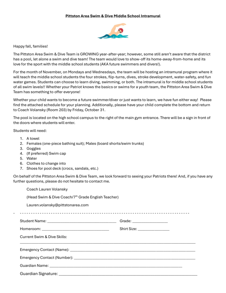 Middle School Intramural Swim Form-1