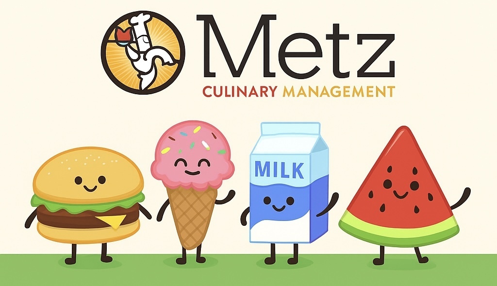 Graphic on tan background with Metz Culinary Management logo and cartoon snacks