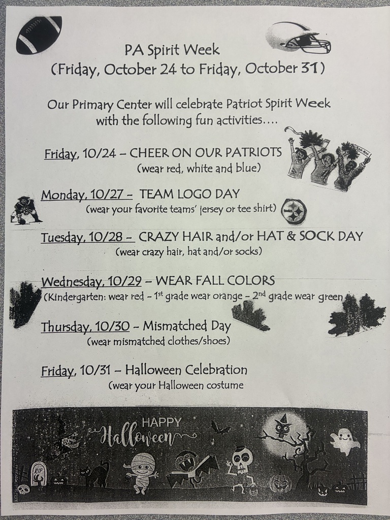 Black and white flyer for spirit week, 👉 Friday, 10/24 – Cheer on Our Patriots!
Wear red, white, and blue to support the team at the big game! 🏈