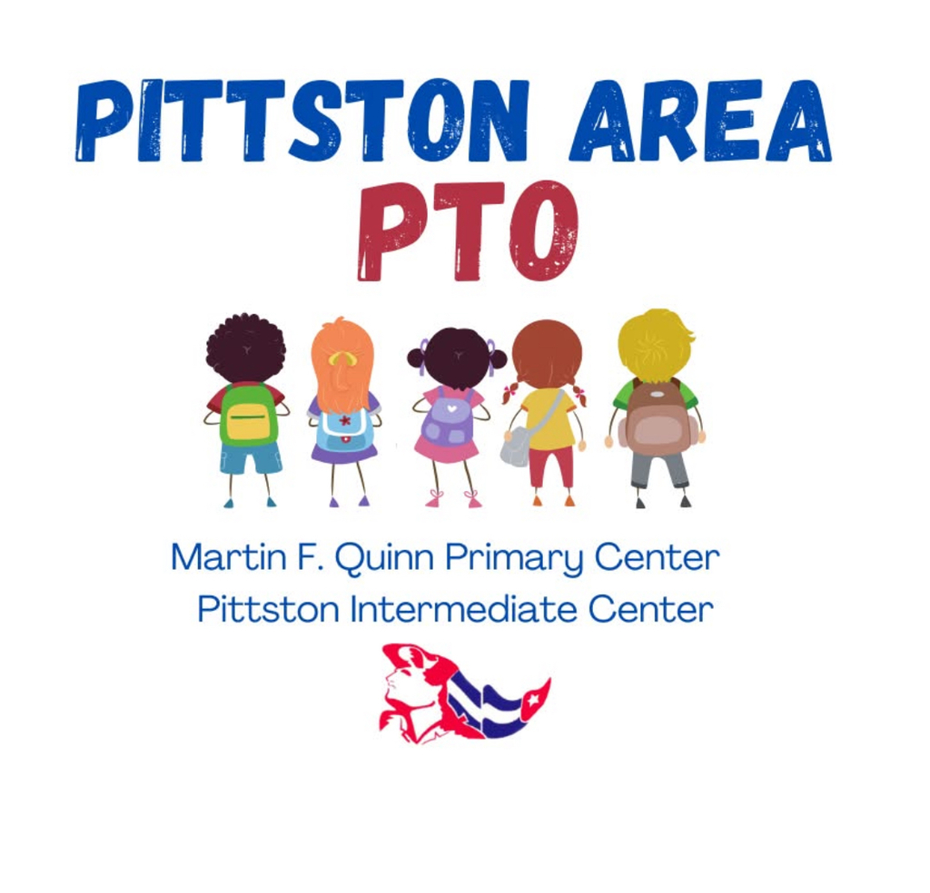 Graphic that states pittston area pto in red and blue letters witj clip art of kids