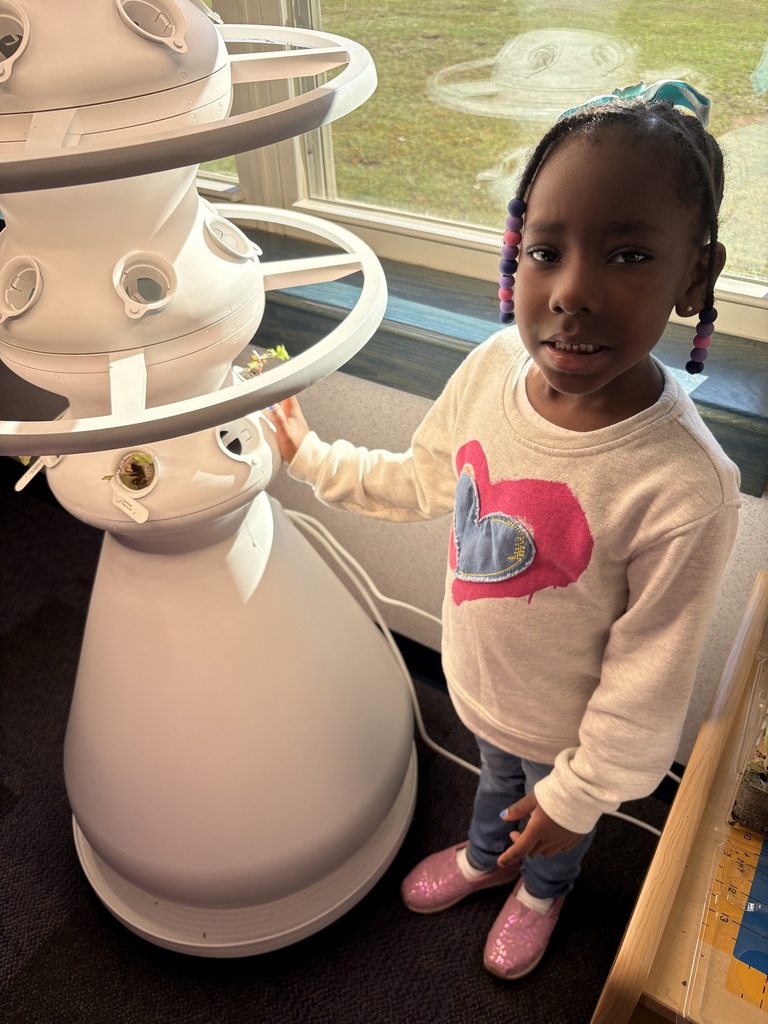 A girl planting a seedling in a white hydronic farm stand.