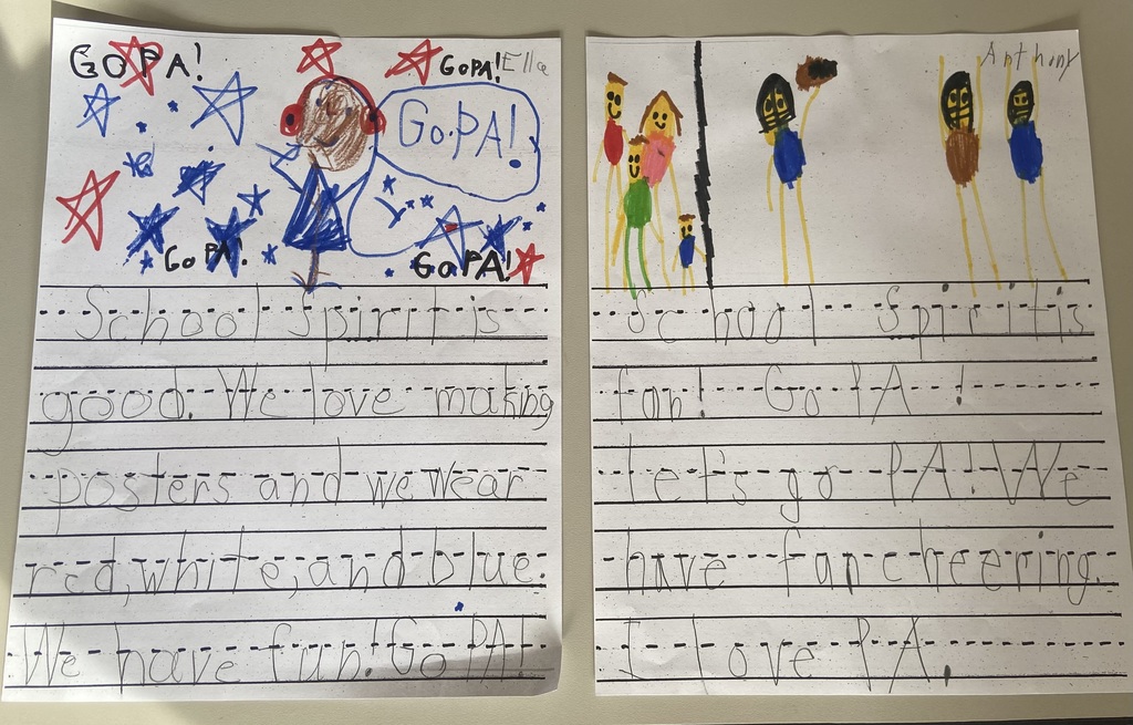 Two illustrated writing pieces by first grade students.