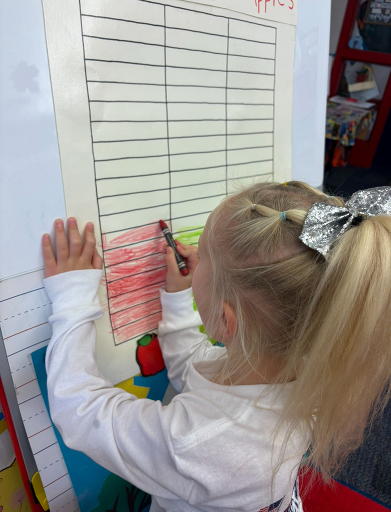 A girl coloring red on a bar graph about apples.