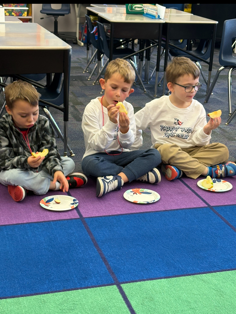 Students sitting around a carpet tasting apples.