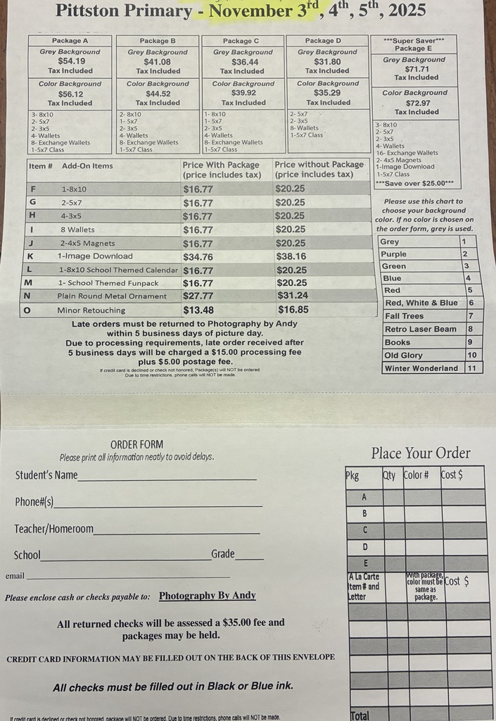 A printed order form from Photography by Andy for Pittston Primary picture day, listing package options (A–E) with prices, add-on items like wallets and magnets, background color choices, and a section for student information and order details.