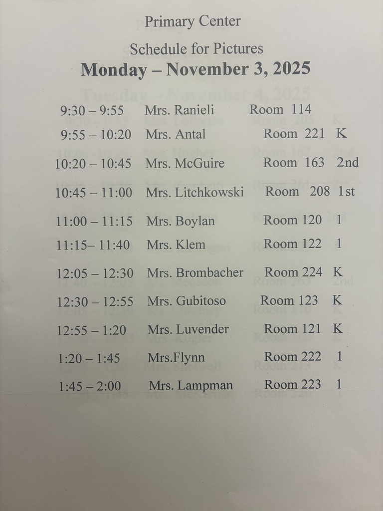 A printed schedule for Pittston Primary picture day listing teacher names, classroom numbers, and specific times for each class.
