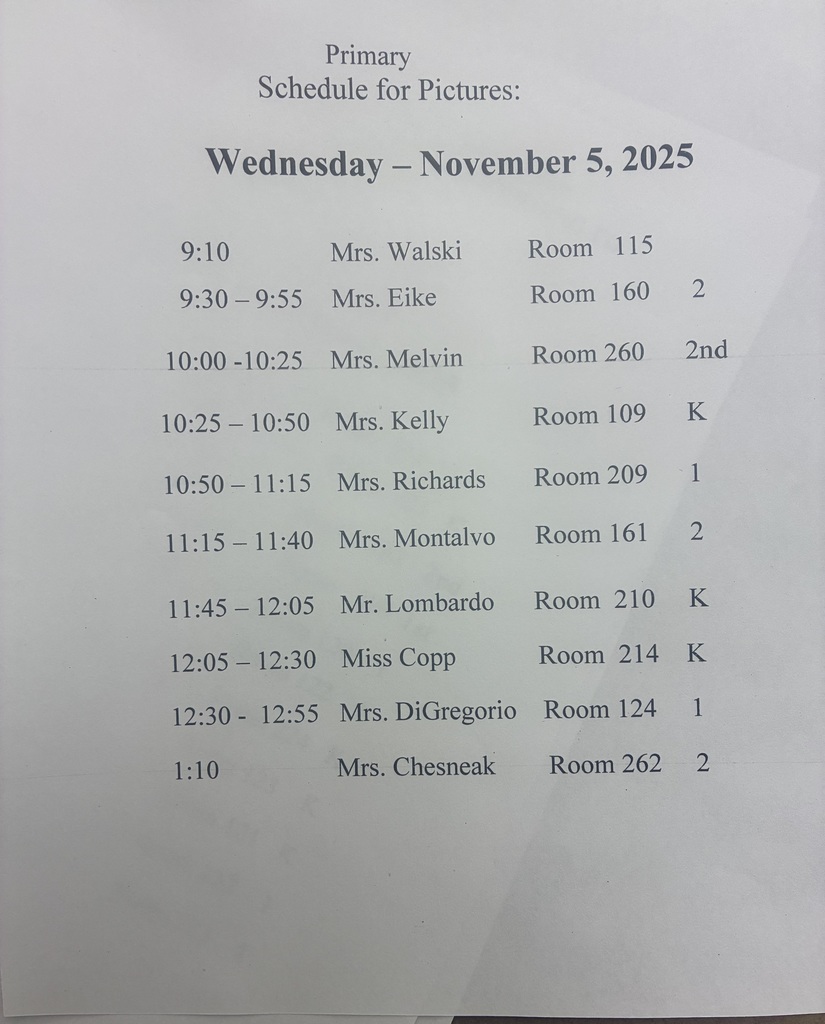 A printed schedule for Pittston Primary picture day listing teacher names, classroom numbers, and specific times for each class.